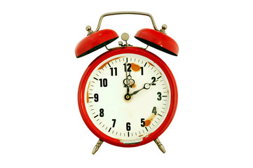 Old and used alarm clock on transparent background