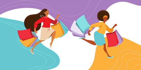 running shopping girls with bags