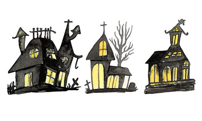 Watercolor Haunted Houses for Halloween