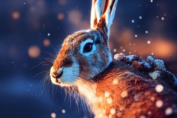 hare in the snow, gray rabbit.  3d render, Raster illustration.