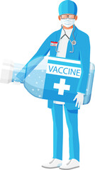 Male doctor holds large ampoule with vaccine.