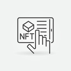 NFT on Tablet Screen and Hand linear vector Online Purchase icon