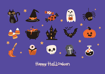 Vector of Halloween elements set on purple backgroun. Halloween logos, badges, labels, icons, objects. All elements are isolated.