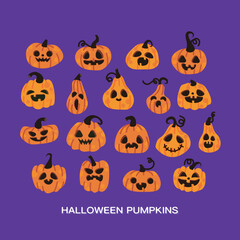 Set of Happy Halloween pumpkins smiles on purple background.  Flat style vector design elements.