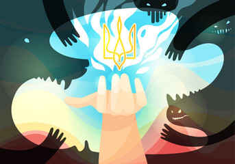 Ukraine, the hand holds a trident, the national emblem of the country, protects from military invasion, from aggression