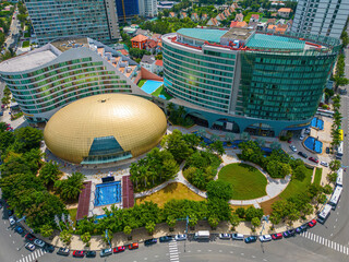 VUNG TAU, VIETNAM, SEP 24 2022 - Drone View of Pullman luxury hotel in Vung Tau. The hotel was designed by maverick, iconoclast and visionary architect.