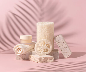Face towel, loofah sponges and cream jar on stones on light beige close up. Mockup