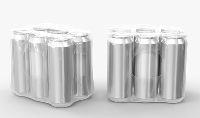Tin cans for beer or soda in plastic wrap, front and angle view. Realistic mockup set of six metal jars in shrink film, aluminium drink bottles in transparent pack on white background