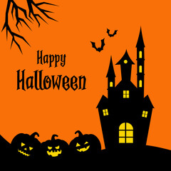 Happy Halloween background with pumpkins, with castle, with bats, orange