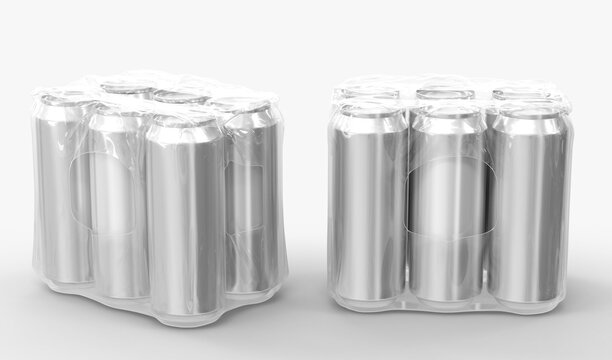 Tin Cans For Beer Or Soda In Plastic Wrap, Front And Angle View. Realistic Mockup Set Of Six Metal Jars In Shrink Film, Aluminium Drink Bottles In Transparent Pack On White Background