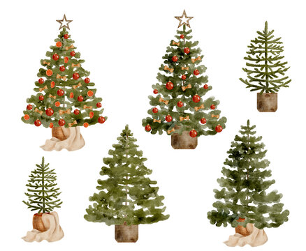 Watercolor Christmas tree illustration set. Hand drawn fir tree in basket stand with balls and ribbon bows decoration isolated on white background. Cozy winter home clipart for greeting cards, design