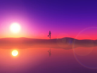 3D sunset landscape with silhouette of a female in a yoga position