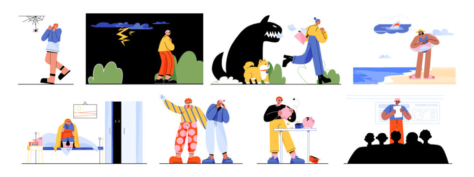 People with different phobias, fear of dogs, lightning, spiders and clowns. Characters afraid of darkness at night, sharks in sea, poverty and public speech, vector flat illustration