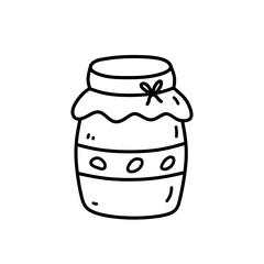 Cute jar of jam isolated on white background. Vector hand-drawn illustration in doodle style. Perfect for cards, logo, decorations, recipes, menu, various designs.