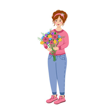Girl with bouquet of flowers in hands. Vector Illustration for printing, backgrounds, covers and packaging. Image can be used for greeting cards, posters and textile. Isolated on white background.