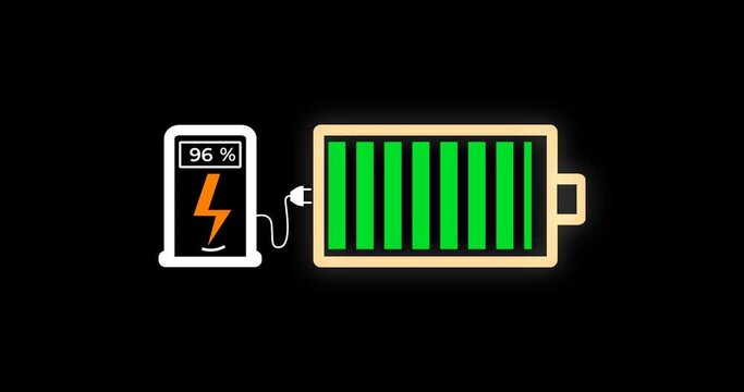 Graphic animation of a charging battery on the black background alpha channel. Electrical charge station sign on the dashboard of the car. The battery changes color when charging from red to green. 