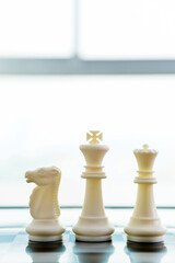 King, queen, knight on chess board