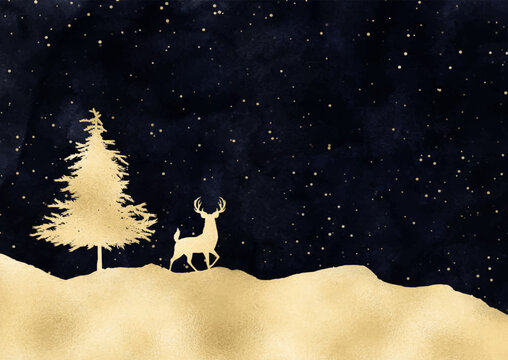 Christmas Background With Gold Deer And Tree