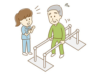 リハビリ　歩行訓練をするシニアのイラスト