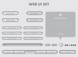 White web UI elements. Buttons, switches, bars, power button, slider vector