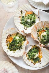 Recipe Baked sea scallops.  Recipe with chopped parsley and dry grated bread  on the white plate  on the soft rose marble background, close-up, medium tone. Mediterranean seafood recipes