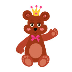 Bear with a crown on his head and a butterfly around his neck. Vector Illustration for backgrounds and packaging. Image can be used for greeting card, poster and sticker. Isolated on white background.