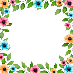 Watercolor floral frame with green leaves and flowers.