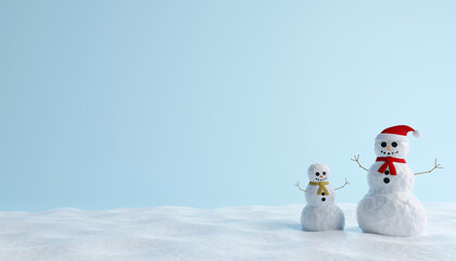 concept of Christmas white happy snowman and baby snowman with red scarf and Santa hat on blue background. 3D Illustration