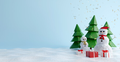 concept of Christmas white happy snowman and baby snowman with red scarf with Santa hat and green pine tree on blue background. 3D Illustration