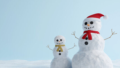 concept of Christmas white happy snowman and baby snowman with red scarf and Santa hat on blue background. 3D Illustration