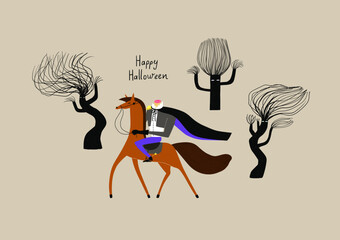 Spooky cartoon illustration with headless horseman