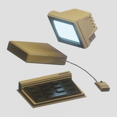 retro computer monitor with mouse and keyboard - 3d render illustration