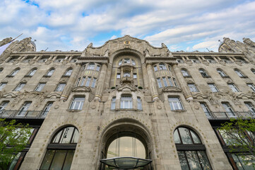 View of the Four Seasons Gresham Palace Hotel Budapest, a luxury hotel in a historic Art Nouveau...