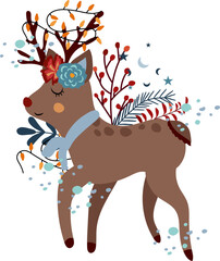 Magical winter, cute deer, in a scarf with garlands on its horns, winter berries, colored leaves, snow. Scandinavian animal.The composition is ideal for greeting cards, posters, flyers, banners.Vector
