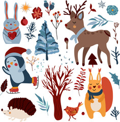 Magic winter animals, cute penguin on skates, reindeer, funny squirrel, Christmas tree, hedgehog, colorful leaves and flowers. Scandinavian animals. Perfect for greeting cards, poster, banner. Vector