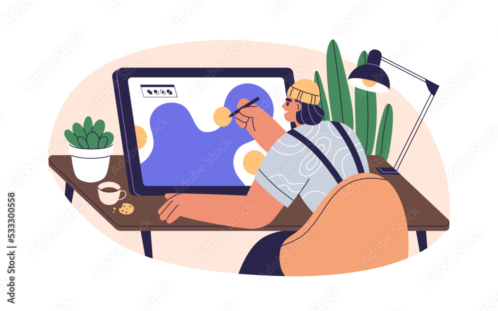 Poster Digital artist, illustrator drawing on tablet PC. Graphic designer with stylus at work at desk. Person creating abstract design on screen. Flat vector illustration isolated on white background