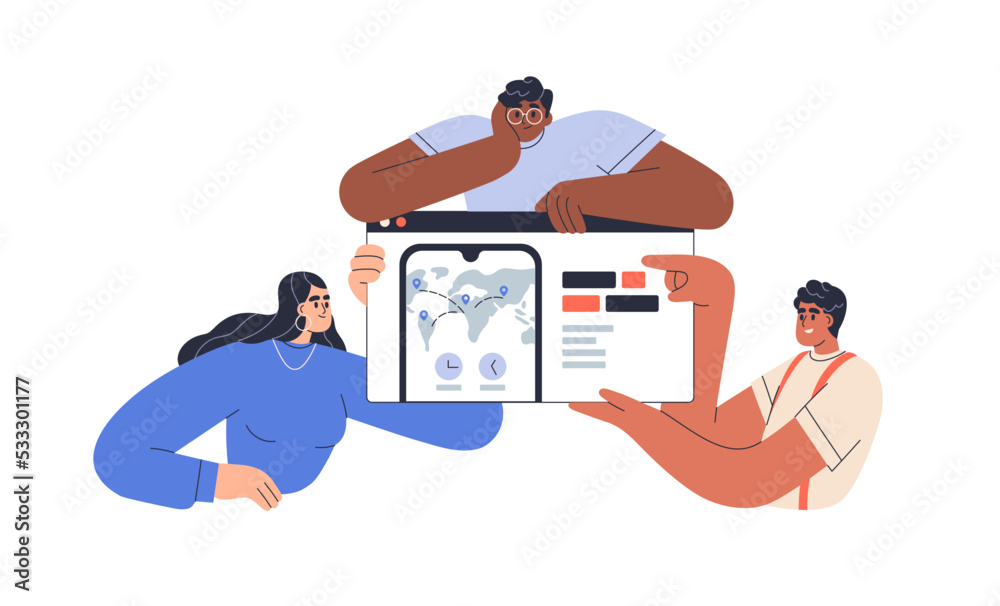 Poster Team of developers and designers presenting digital project, website interface. Business people at web product, site, landing page presentation. Flat vector illustration isolated on white background