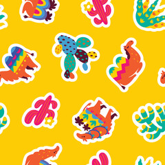 Seamless pattern with flat cartoon camels and succulents stickers. Vector illustration