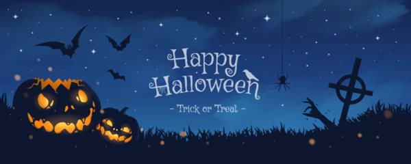 Fototapeten Happy halloween banner or party invitation background with blue fog clouds and pumpkins © Alice