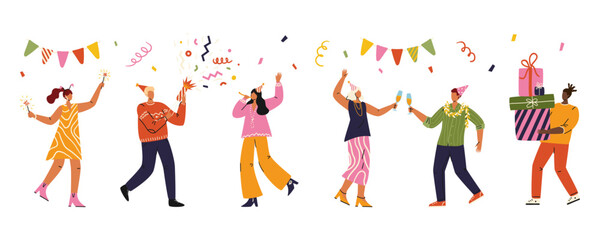 Happy people celebrating holiday with confetti, champagne and gifts. Isolated characters vector set. Man and woman having fun with friends celebrate birthday. New year and christmas party