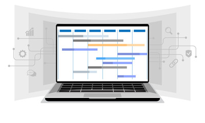 Planning concept. Digital online calendar, work tasks, making schedule using calendar. Business and organization, graph, chart, timetable, diagram, list, roster. Flat design, vector illustration