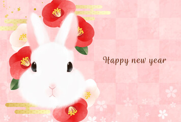 うさぎと椿の花のピンクのかわいい2023年年賀状イラスト(pink,art,card,greeting,holiday,bunny,rabbit,spring)