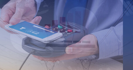 Image of financial data processing over man with smartphone and payment terminal