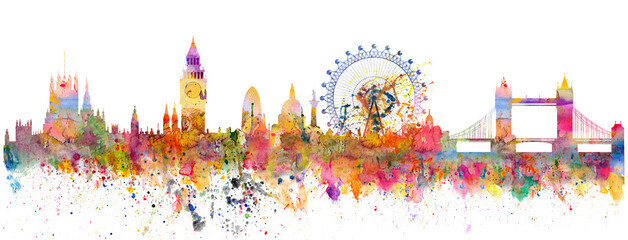 Abstract illustration of the London skyline - watercolor stains and brush strokes on transparent background - 533303365