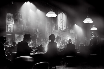 Sylwetki ludzi w czarno-białej cyfrowej ilustracji zabytkowego klubu nocnego - obrazy, fototapety, plakaty