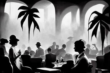 Czarno-białe egzotyczne wnętrze retro klubu rozrywkowego. Sylwetki ludzi w kinowej ilustracji zabytkowego klubu nocnego z cieniami palm - obrazy, fototapety, plakaty