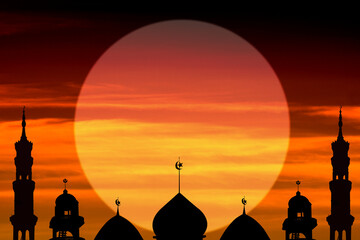 Mosques Dome and Sun on Gold Black Sunset Background,New Year Muharram Asia Religious Muslim,Ramadan Kareem, Eid ai-fitr,New year Muharram,Islamic Arabic Holy ,Mubarak God Symbols,Free Space.