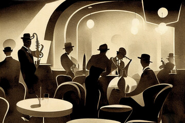Sylwetki muzyków jazzowych w muzycznym barze jazzowym. Saksofony i pianiści grający na kinowej ilustracji Art Deco - obrazy, fototapety, plakaty