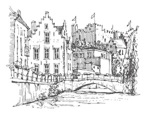 Travel sketch of Ghent, Belgium. Historical building line art. Freehand drawing. Hand drawn travel postcard. Hand drawing of Ghent. Urban sketch in black color isolated on white background.
