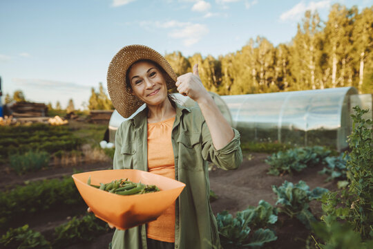 Smiling woman with bowl of green peas gesturing thumbs up in garden